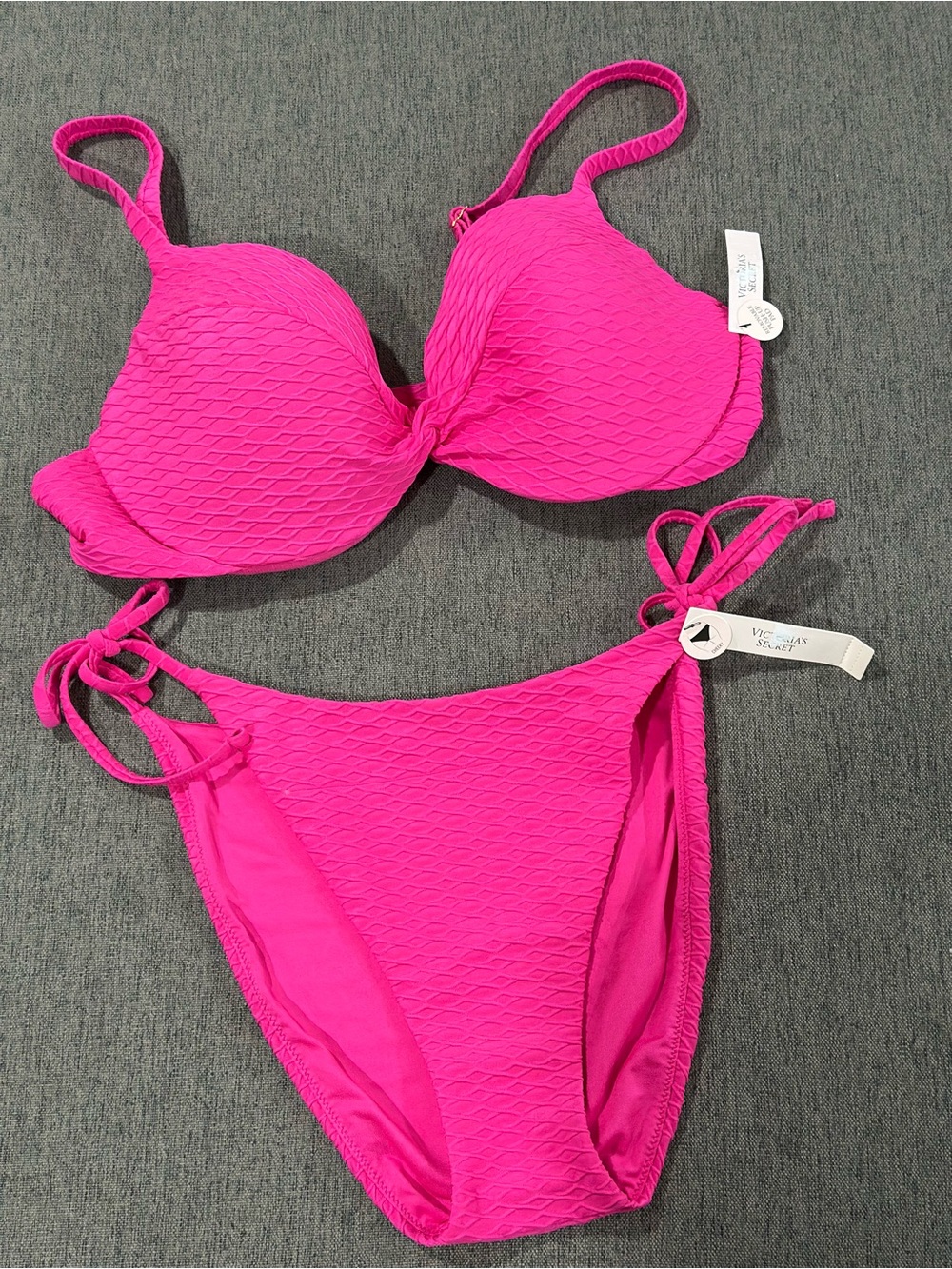 Victoria's Secret Bright Pink Textured Tie-Side Bikini 38C Top Large Bottom